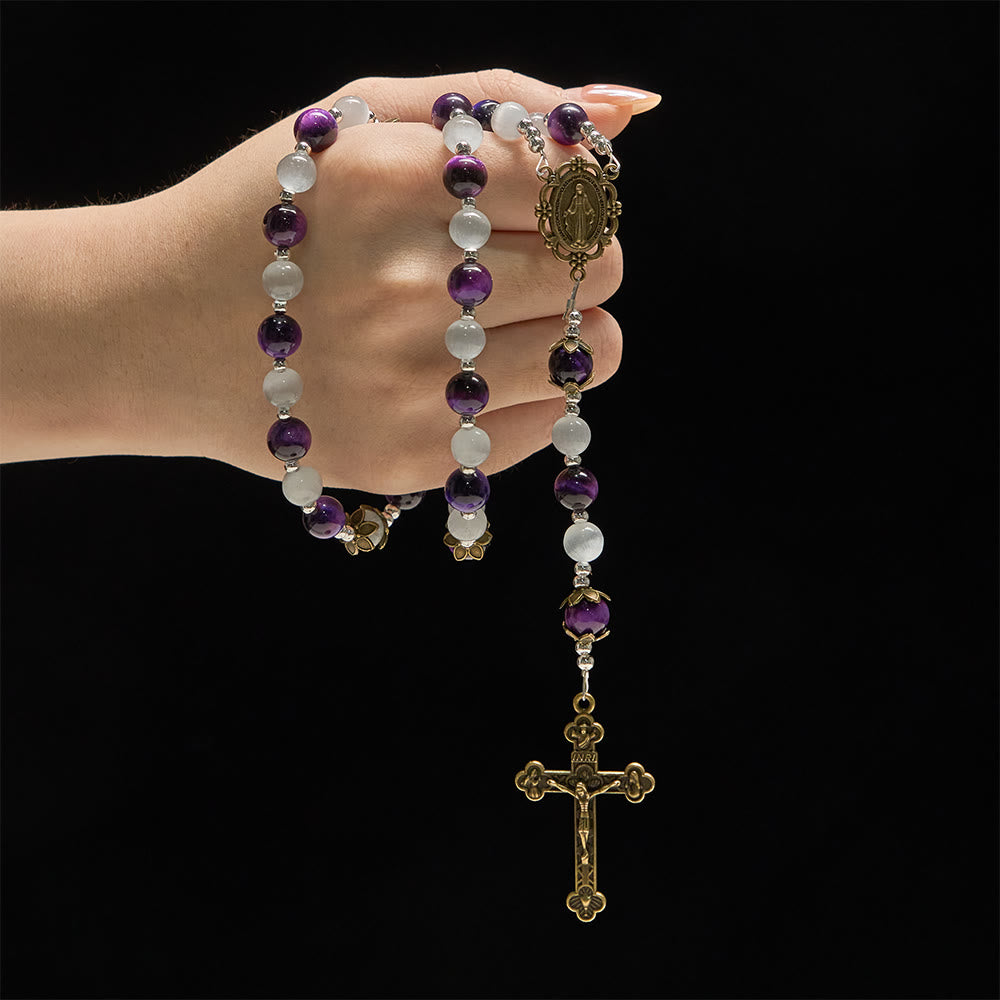 Christianartworkshop Cat's Eye Beaded Rosary with Mary Medal: A Symbol of Divine Guidance & Faith - Pueple & White Cat's Eye Rosary - image 0