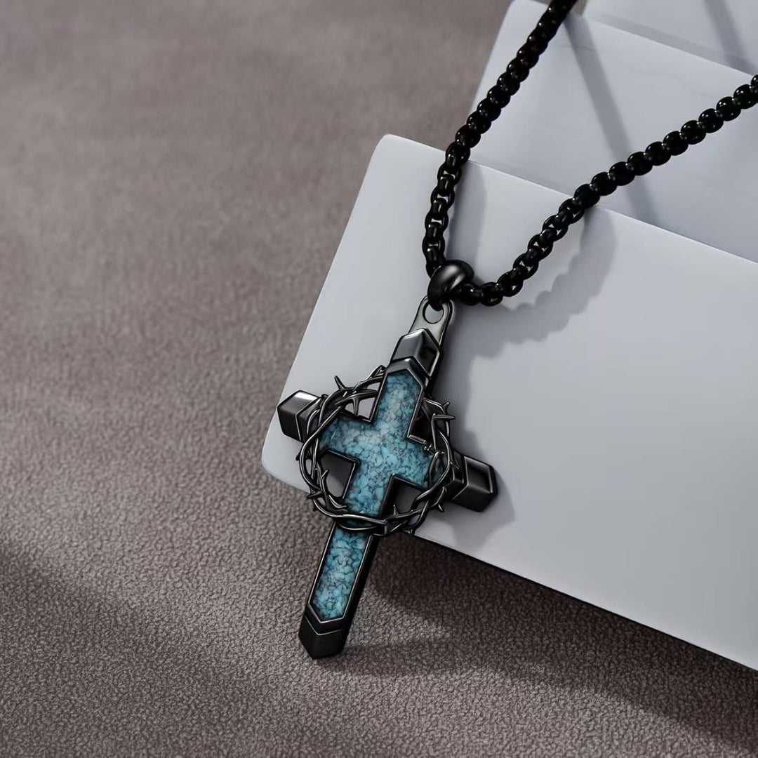 Christianartworkshop Thorn-Wrapped Inlaid Cross Pendant Necklace: A Symbol of Christ’s Sacrificial Love - Black - image 0
