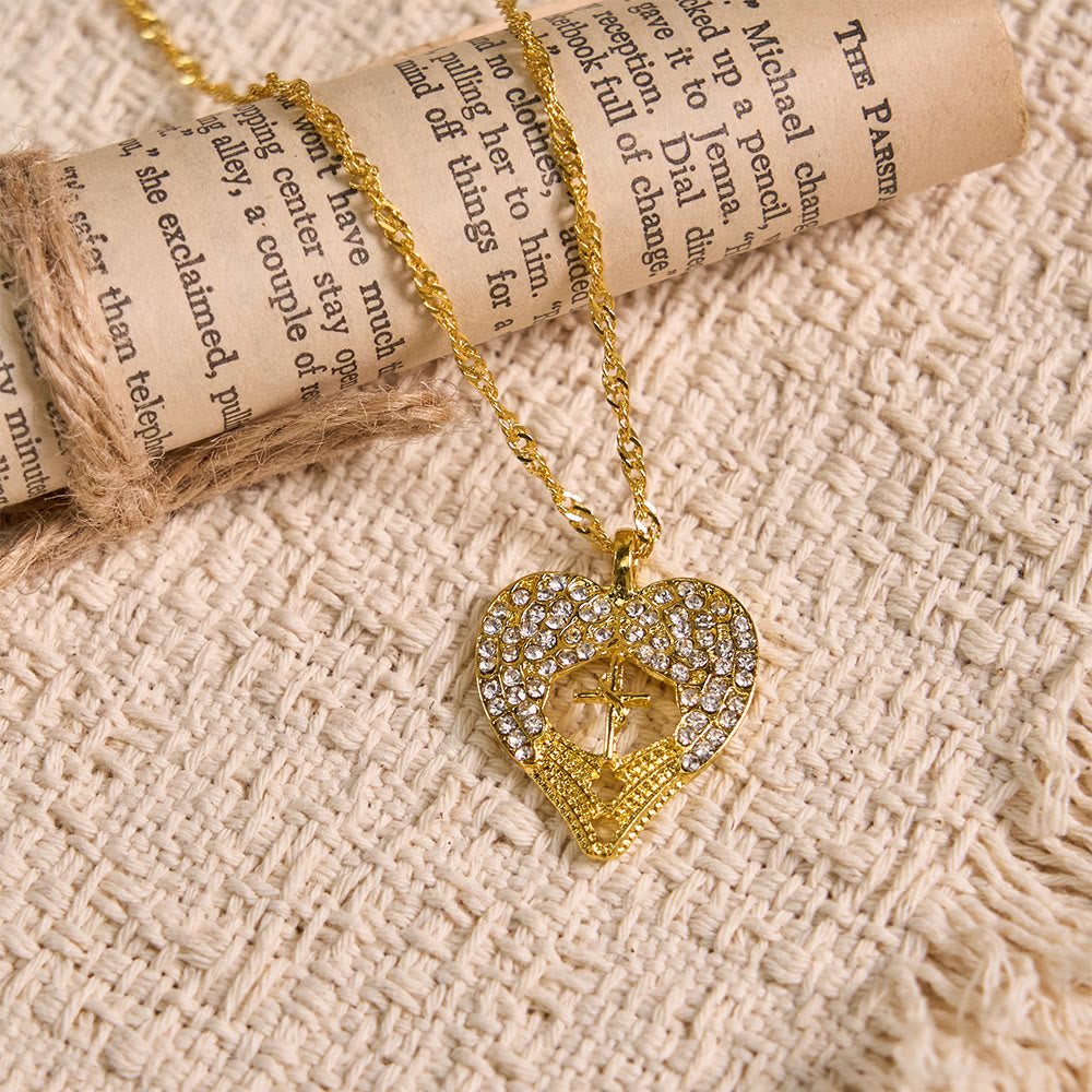 Christianartworkshop Zircon-Encrusted Heart Cross Necklace with Angel Wings: A Symbol of Divine Love & Grace - image 9