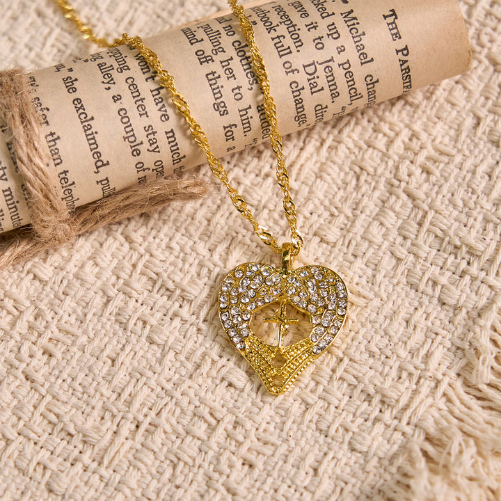 Christianartworkshop Zircon-Encrusted Heart Cross Necklace with Angel Wings: A Symbol of Divine Love & Grace - image 9