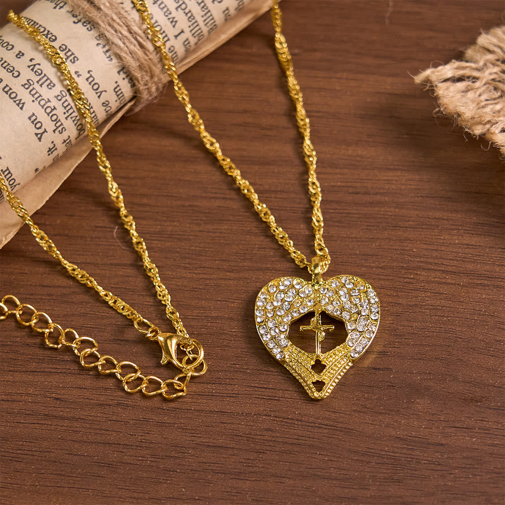Christianartworkshop Zircon-Encrusted Heart Cross Necklace with Angel Wings: A Symbol of Divine Love & Grace - Angel Wing & Cross - image 5