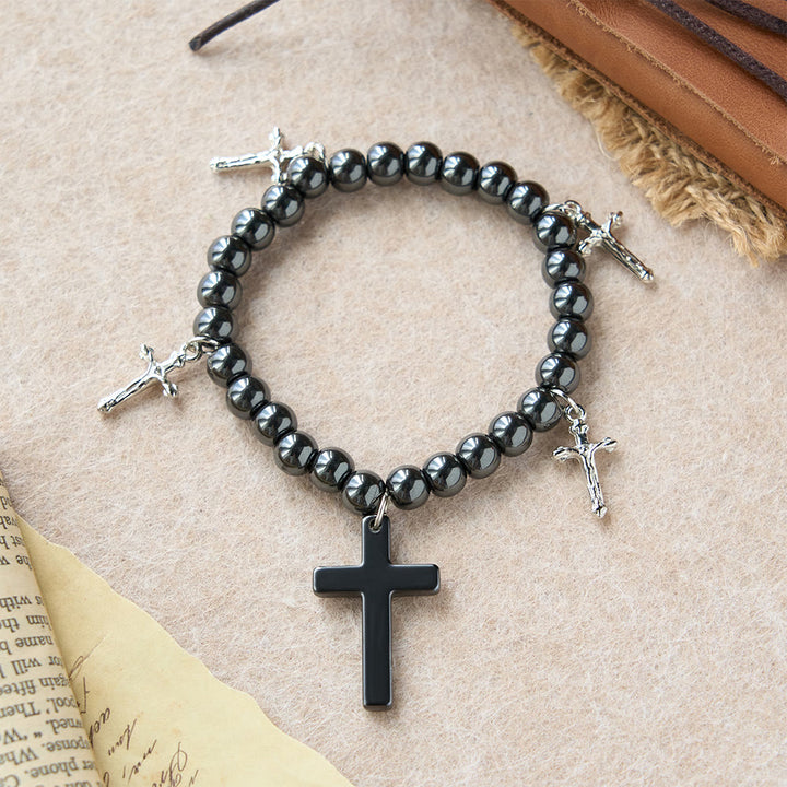 Christianartworkshop Hematite Bead Cross Bracelet with Mini Crucifix Charms: A Symbol of Divine Protection & Faith - Black - image 0