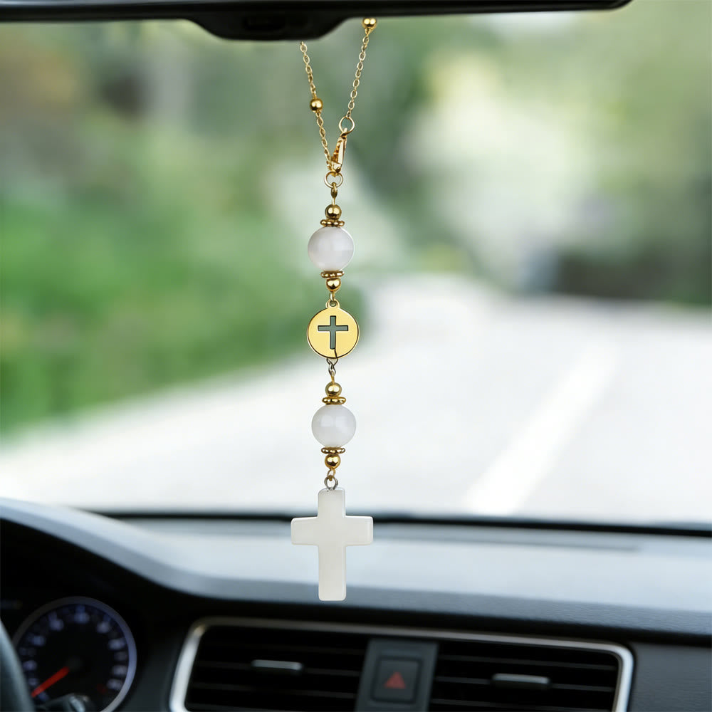 Christianartworkshop Natural Crystal Cross Car Pendant with Gold Bead Chain: A Sacred Accompaniment for Every Drive - White Agate - image 14