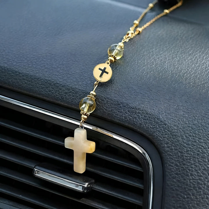 Christianartworkshop Natural Crystal Cross Car Pendant with Gold Bead Chain: A Sacred Accompaniment for Every Drive - image 12