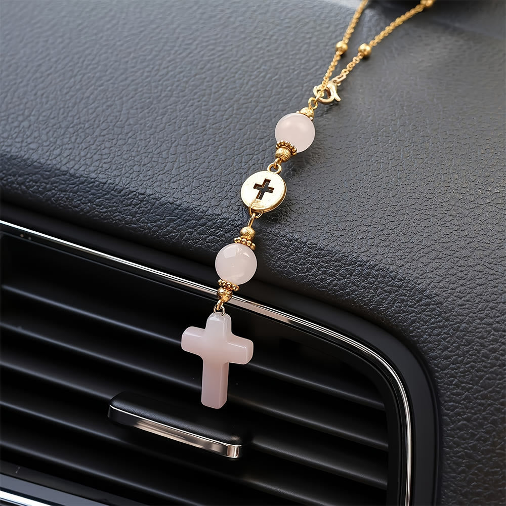 Christianartworkshop Natural Crystal Cross Car Pendant with Gold Bead Chain: A Sacred Accompaniment for Every Drive - image 3