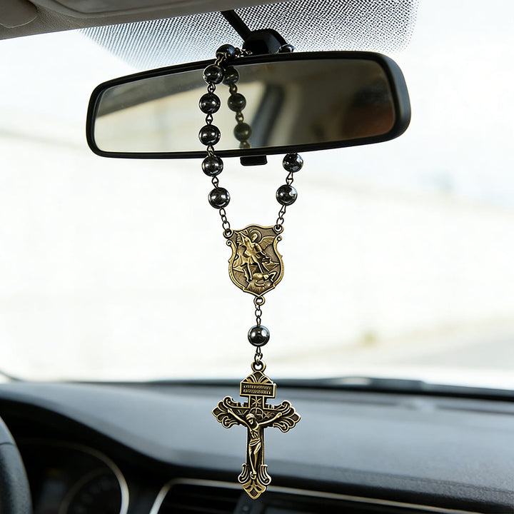 Christianartworkshop Hematite Bead Car Pendant with St. Michael Medal & Crucifix: A Gift of Heavenly Protection & Strength - image 0