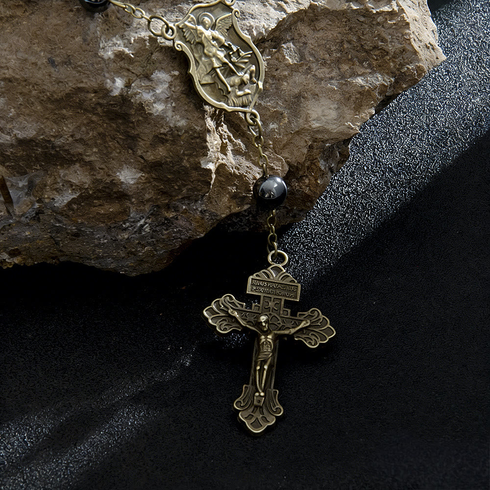 Christianartworkshop Hematite Bead Car Pendant with St. Michael Medal & Crucifix: A Gift of Heavenly Protection & Strength - image 3