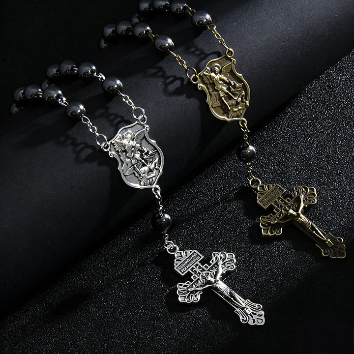 Christianartworkshop Hematite Bead Car Pendant with St. Michael Medal & Crucifix: A Gift of Heavenly Protection & Strength - Silver & Golden(2pcs) - image 1