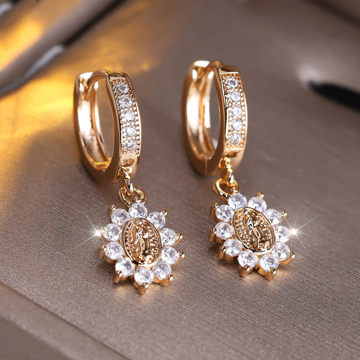 Christianartworkshop Our Lady Zircon Halo Huggie Earrings with Sunburst Medallion - image 2