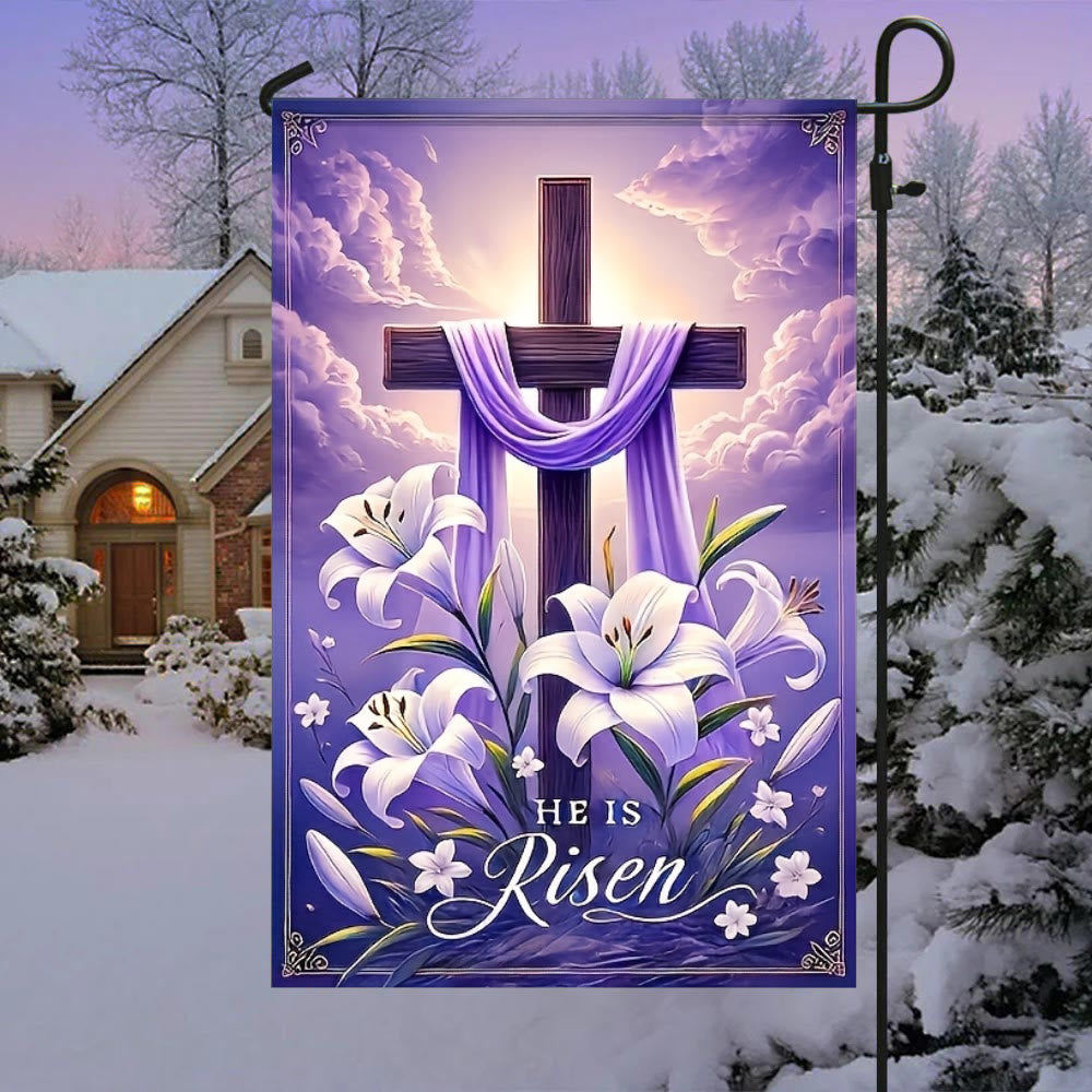 Christianartworkshop Resurrection Cross Garden Flag with Lilies & Purple Drape: A Token of Heavenly Joy - 90×150cm (3×5 ft.) - image 0