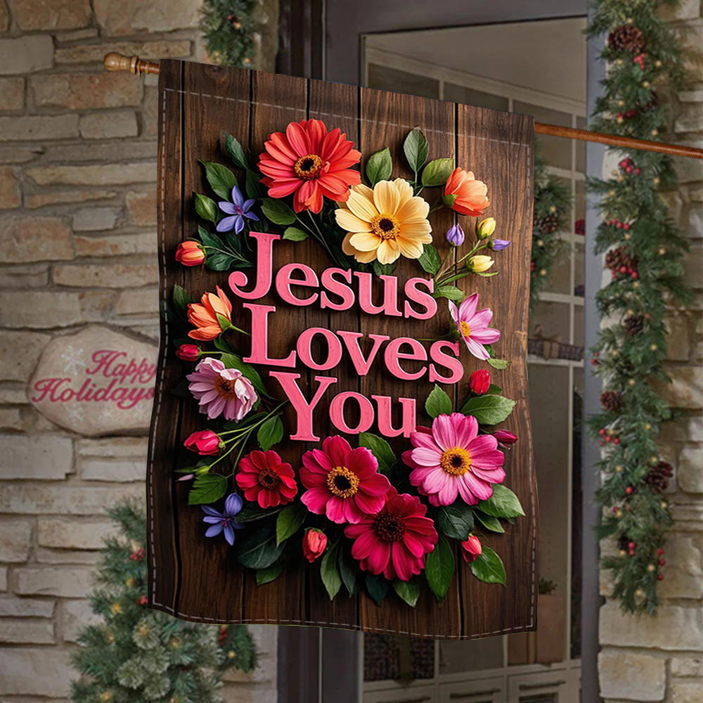 Christianartworkshop Floral Wreath Jesus Loves You Garden Flag: A Token of Heavenly Affection - image 1