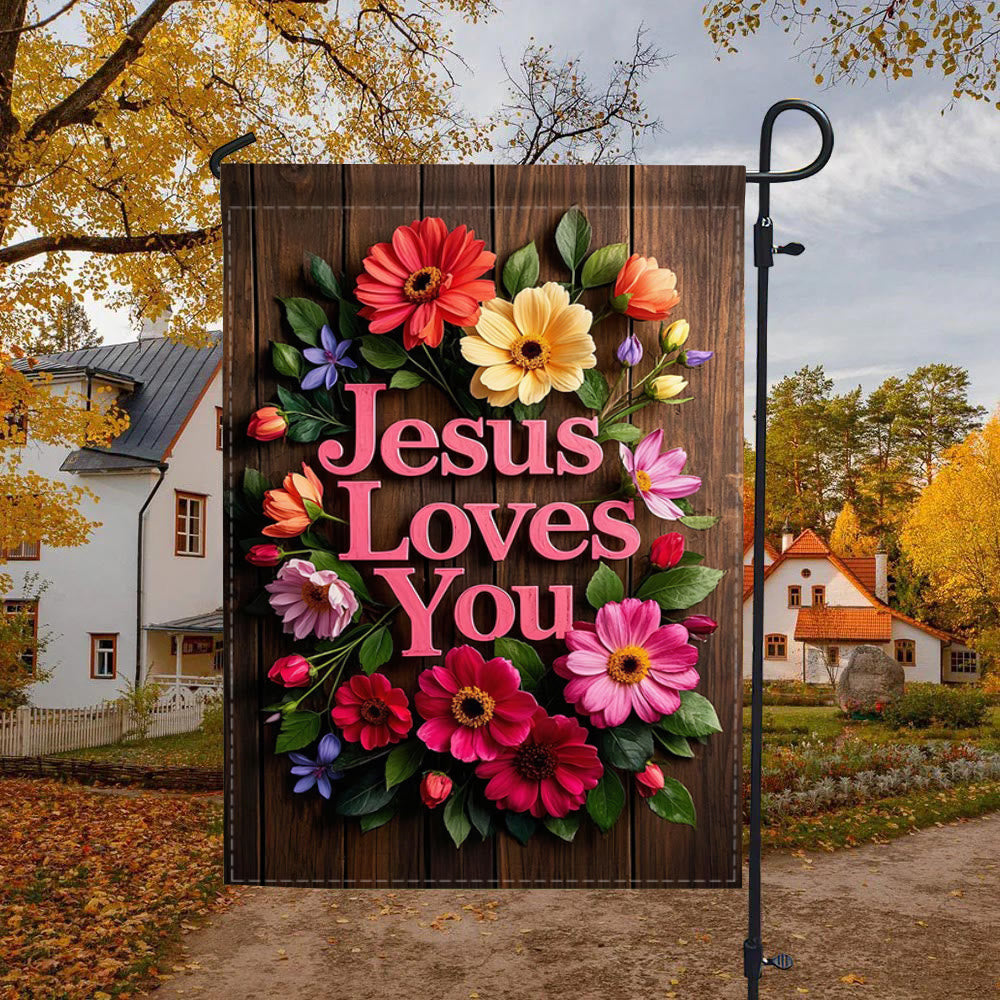 Christianartworkshop Floral Wreath Jesus Loves You Garden Flag: A Token of Heavenly Affection - 90×150cm (3×5 ft.) - image 0