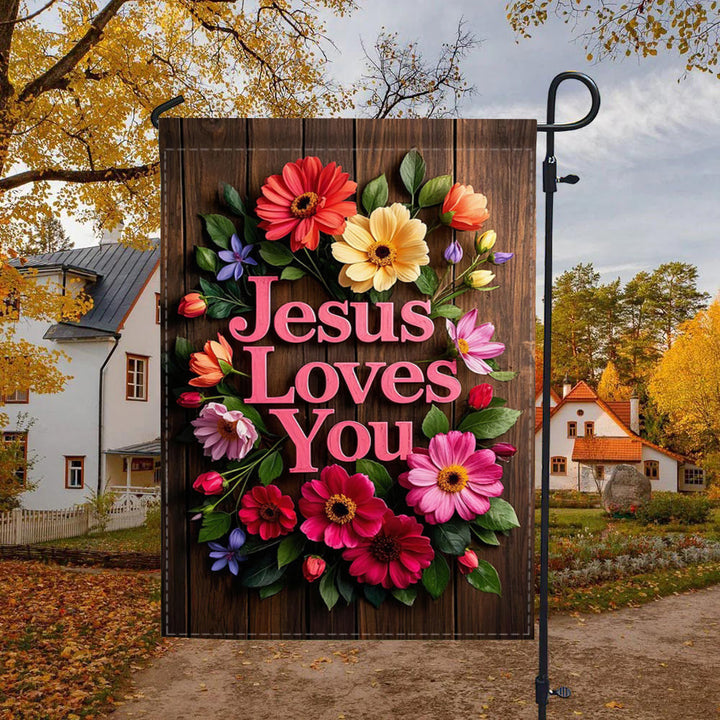 Christianartworkshop Floral Wreath Jesus Loves You Garden Flag: A Token of Heavenly Affection - 90×150cm (3×5 ft.) - image 0