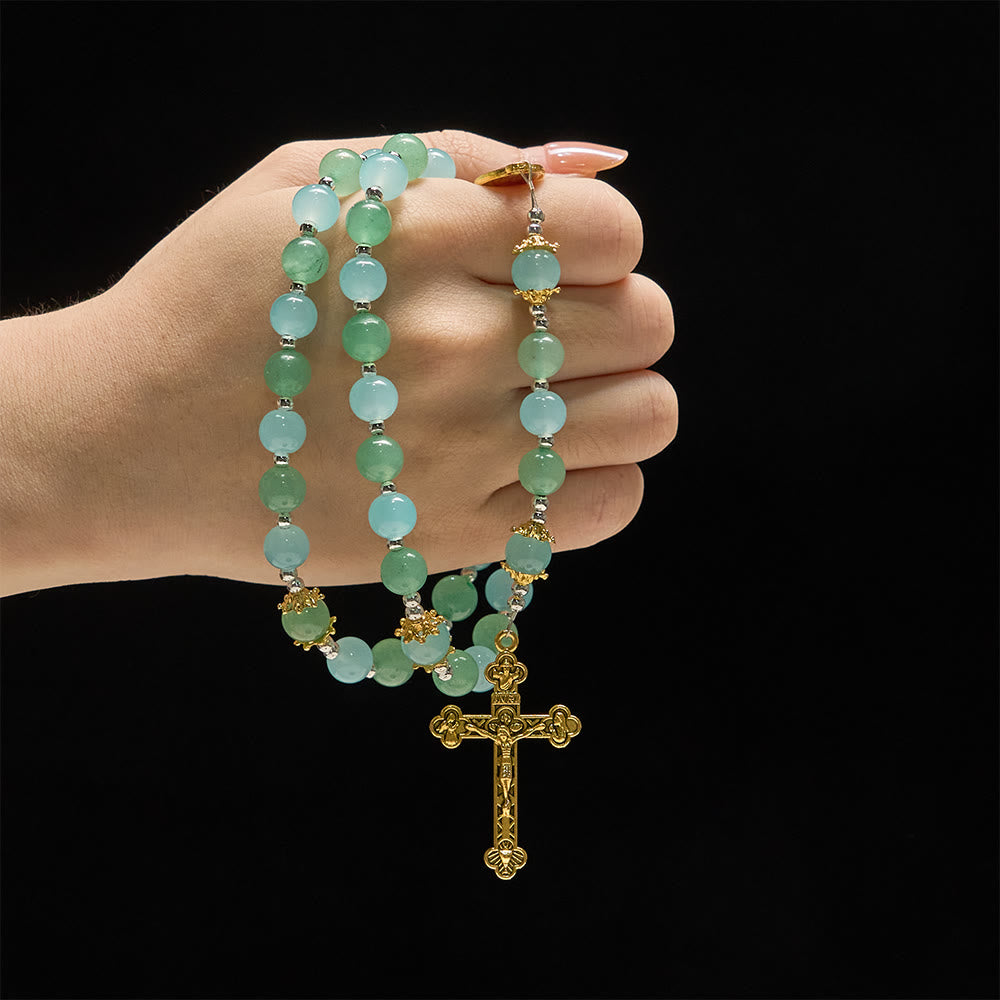 Christianartworkshop Aventurine & Aquamarine-Hued Glass Rosary with Our Lady Medal & Ornate Crucifix - image 1