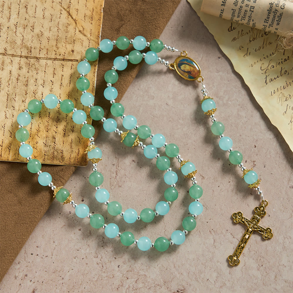 Christianartworkshop Aventurine & Aquamarine-Hued Glass Rosary with Our Lady Medal & Ornate Crucifix - Aquamarine-Hued Glass Rosary - image 0