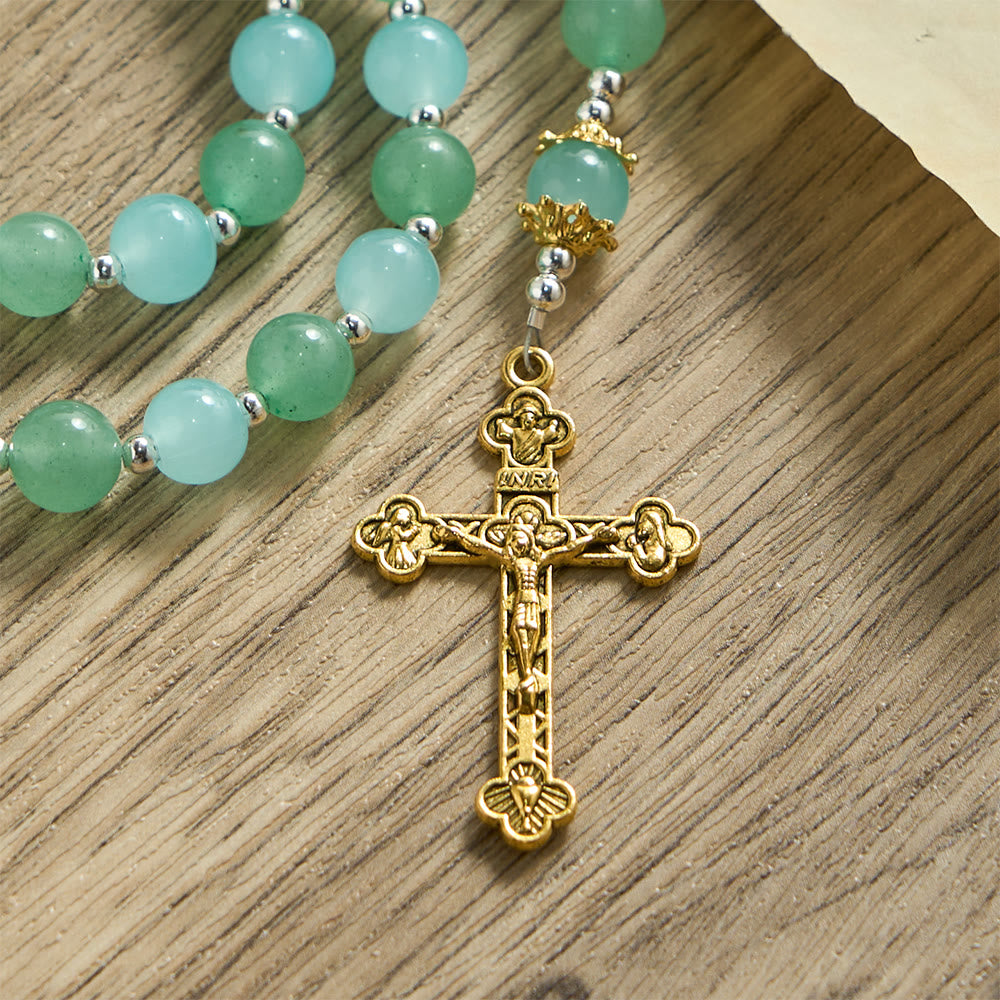 Christianartworkshop Aventurine & Aquamarine-Hued Glass Rosary with Our Lady Medal & Ornate Crucifix - image 7