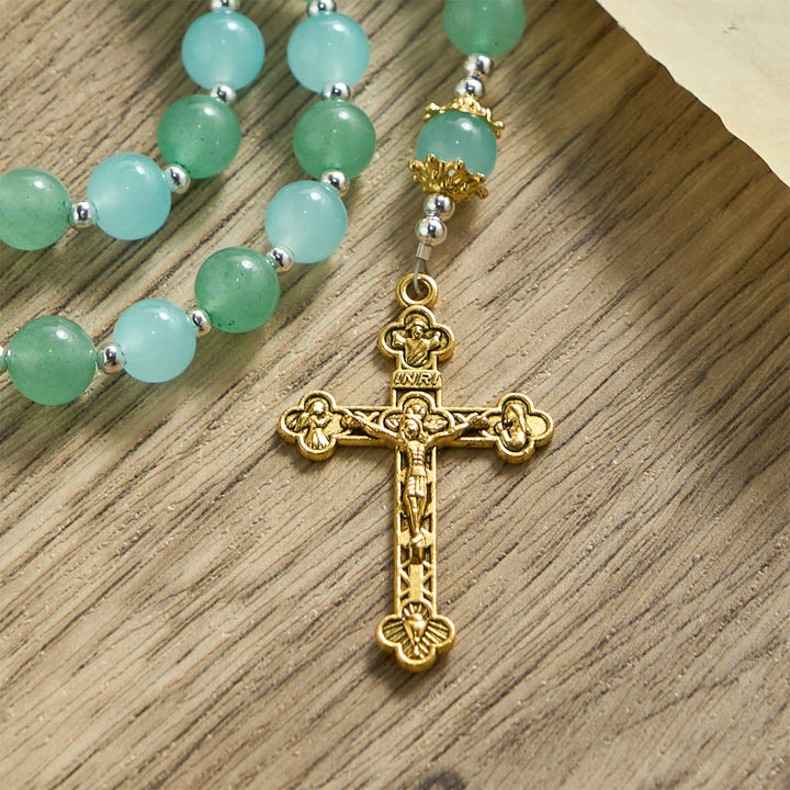 Christianartworkshop Aventurine & Aquamarine-Hued Glass Rosary with Our Lady Medal & Ornate Crucifix - image 7
