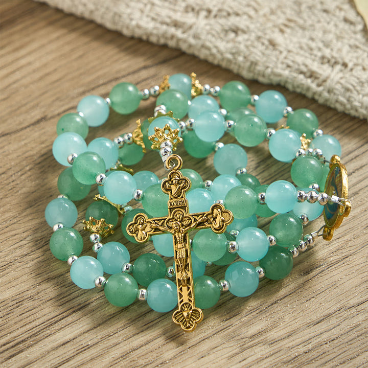Christianartworkshop Aventurine & Aquamarine-Hued Glass Rosary with Our Lady Medal & Ornate Crucifix - image 4