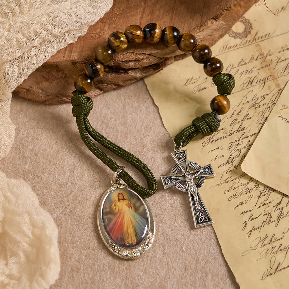Christianartworkshop Tiger Eye Pocket Rosary with Divine Mercy: Courage & Faith with Paracord Design - image 2