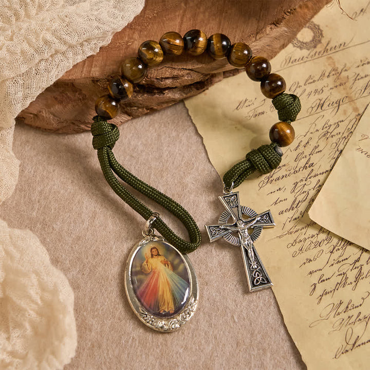 Christianartworkshop Tiger Eye Pocket Rosary with Divine Mercy: Courage & Faith with Paracord Design - image 2