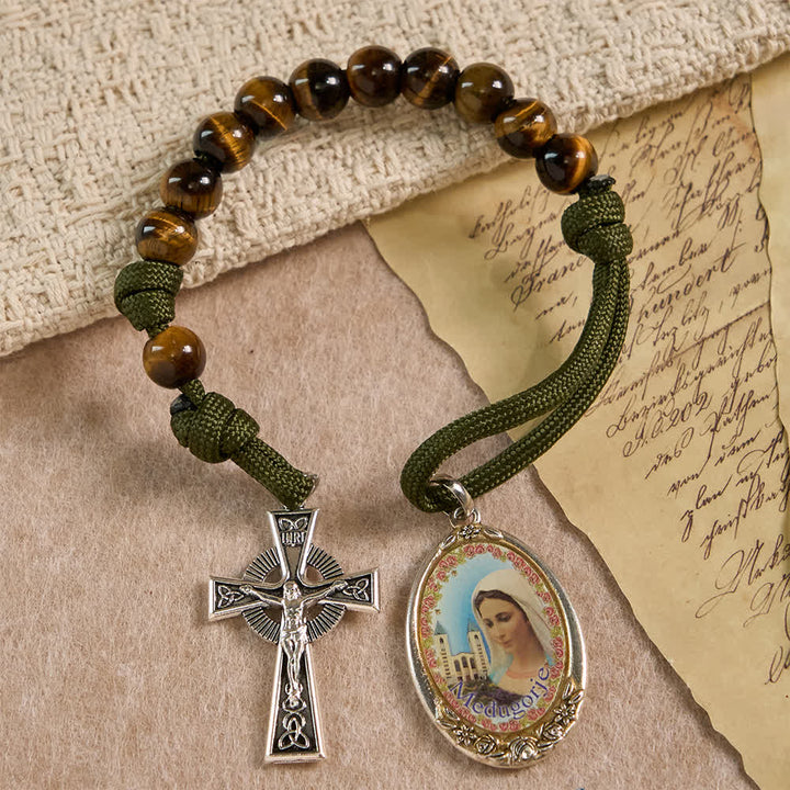 Christianartworkshop Tiger Eye Pocket Rosary with Divine Mercy: Courage & Faith with Paracord Design - image 4