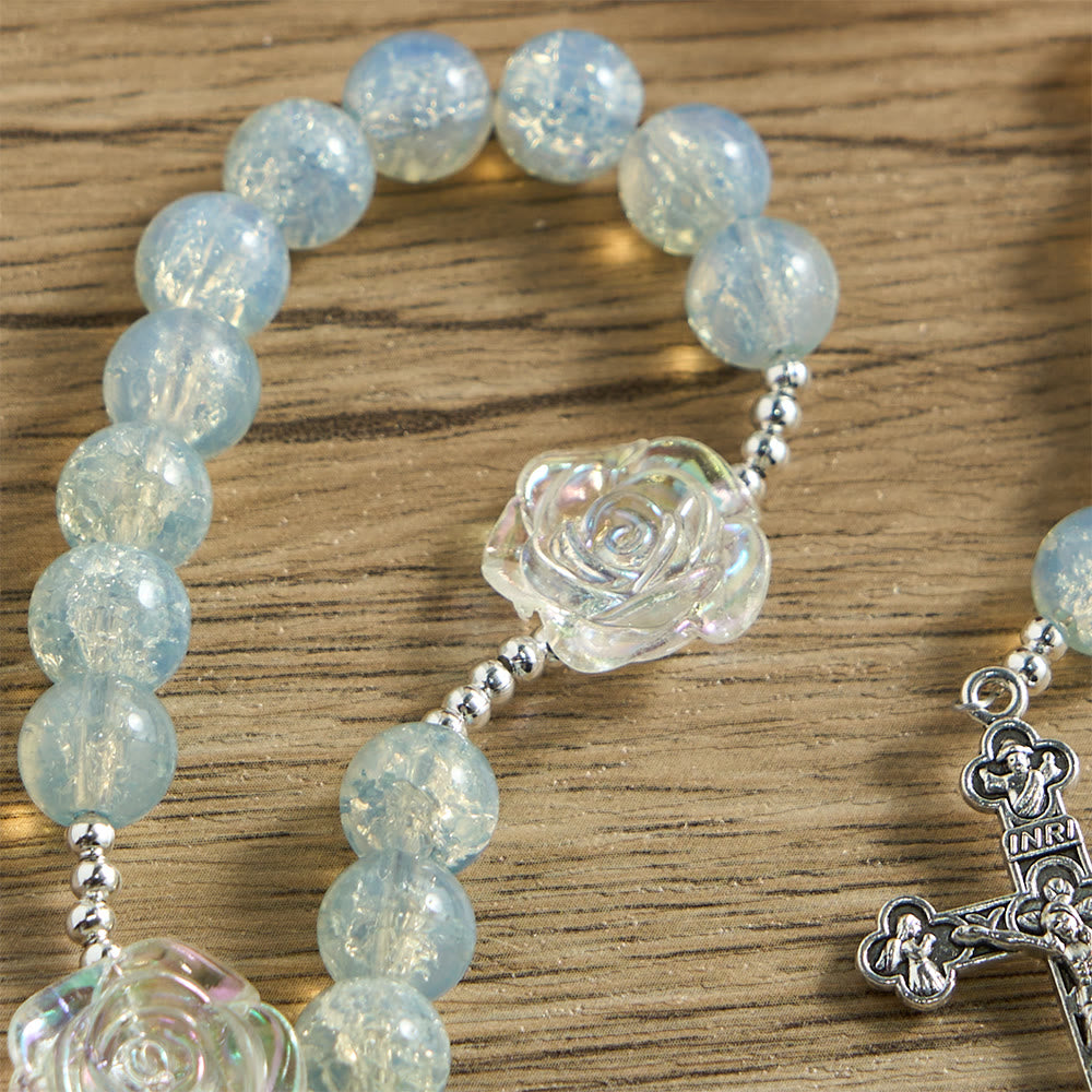 Christianartworkshop Pale Green Glass Bead Rosary with Rose Embellishments & Miraculous Medal - image 6