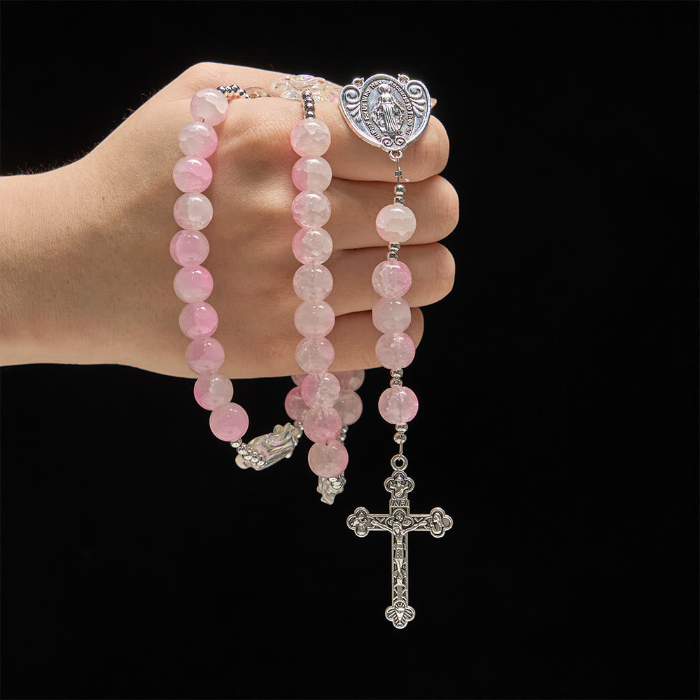 Christianartworkshop Pale Green Glass Bead Rosary with Rose Embellishments & Miraculous Medal - image 9