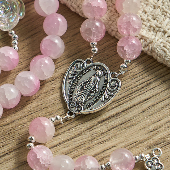 Christianartworkshop Pale Green Glass Bead Rosary with Rose Embellishments & Miraculous Medal - image 14
