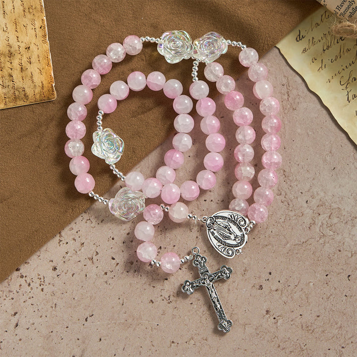 Christianartworkshop Pale Green Glass Bead Rosary with Rose Embellishments & Miraculous Medal - image 11