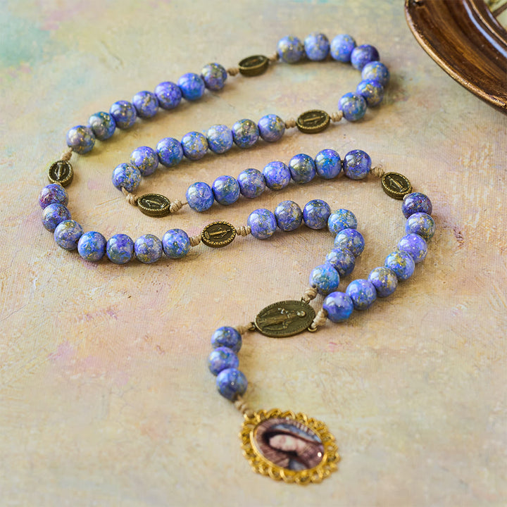 Christianartworkshop Blessed Our Lady Seven Sorrows Rosary with Purple Blue Oil-Paint Beads & Our Lady Medal - image 3