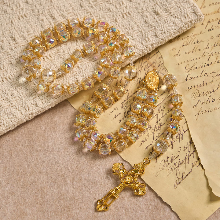 Christianartworkshop Iridescent Faceted Glass Rosary with Our Lady Medal & Golden Crucifix - image 3