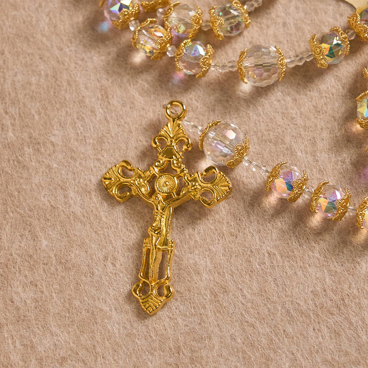Christianartworkshop Iridescent Faceted Glass Rosary with Our Lady Medal & Golden Crucifix - image 5