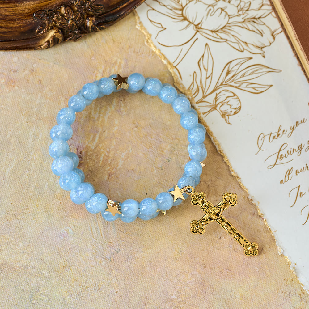 Christianartworkshop Blue Glass Bead Wrap Bracelet with Star Spacers & Golden Crucifix - image 3