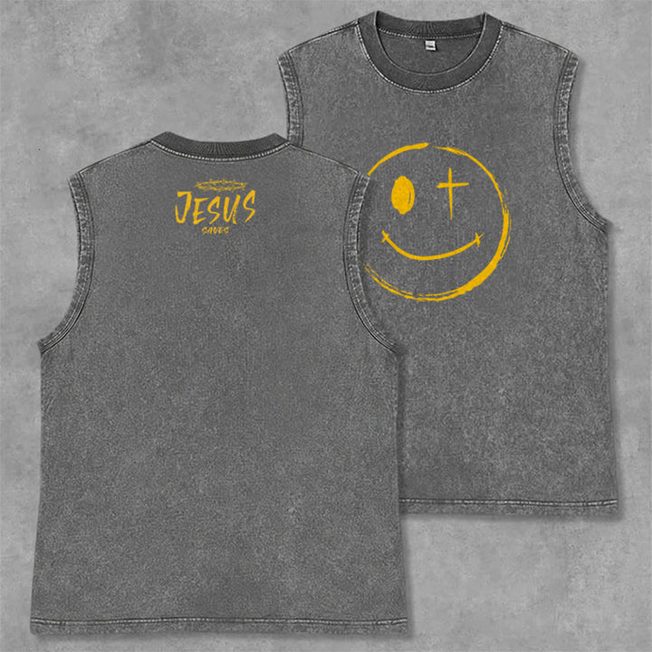 Christianartworkshop Smiley Face Jesus Saves Unisex Washed Tank Top - Grey - 2XL - image 14
