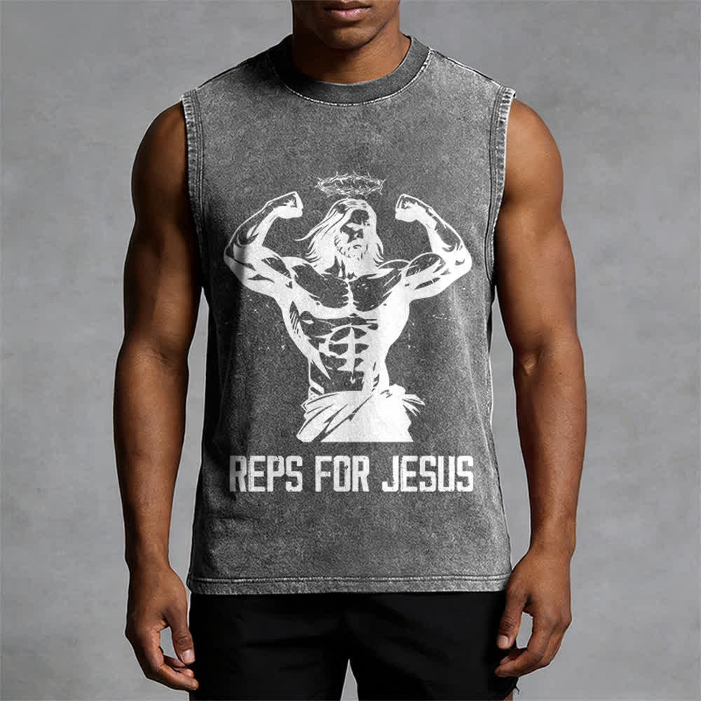 Christianartworkshop Muscular Jesus Crown Of Thorns Unisex Washed Tank Top - image 7