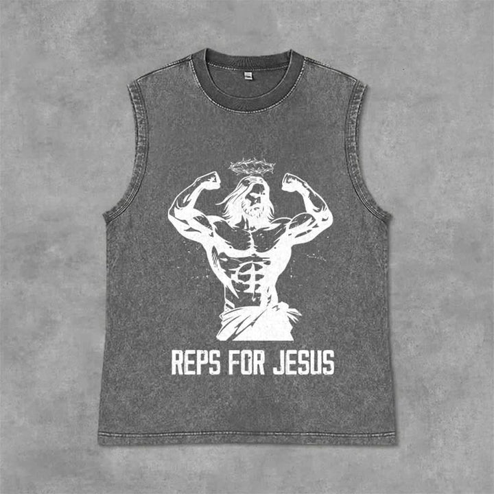 Christianartworkshop Muscular Jesus Crown Of Thorns Unisex Washed Tank Top - Grey - 2XL - image 6