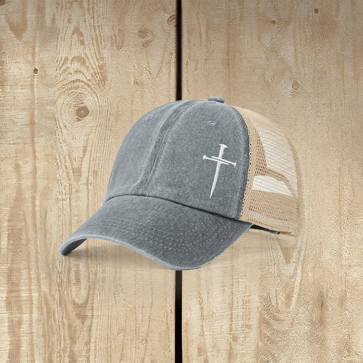 Christianartworkshop Nail Cross Embroidered Washed Trucker Hat - Grey - image 4