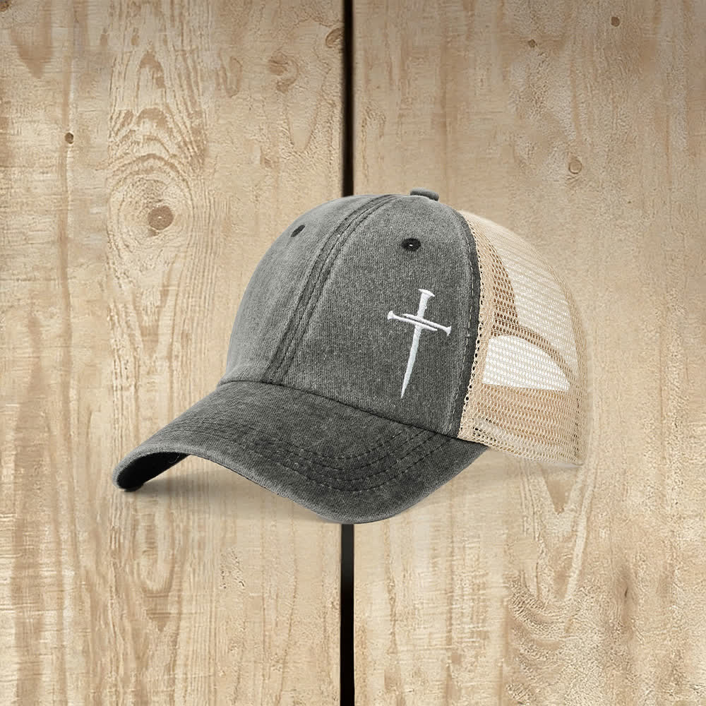 Christianartworkshop Nail Cross Embroidered Washed Trucker Hat - Black - image 0