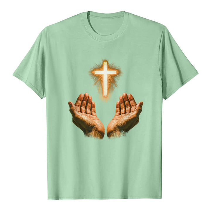 Christianartworkshop Jesus Cross In Hands Premium T-Shirt - Light Green - 2XL - image 2