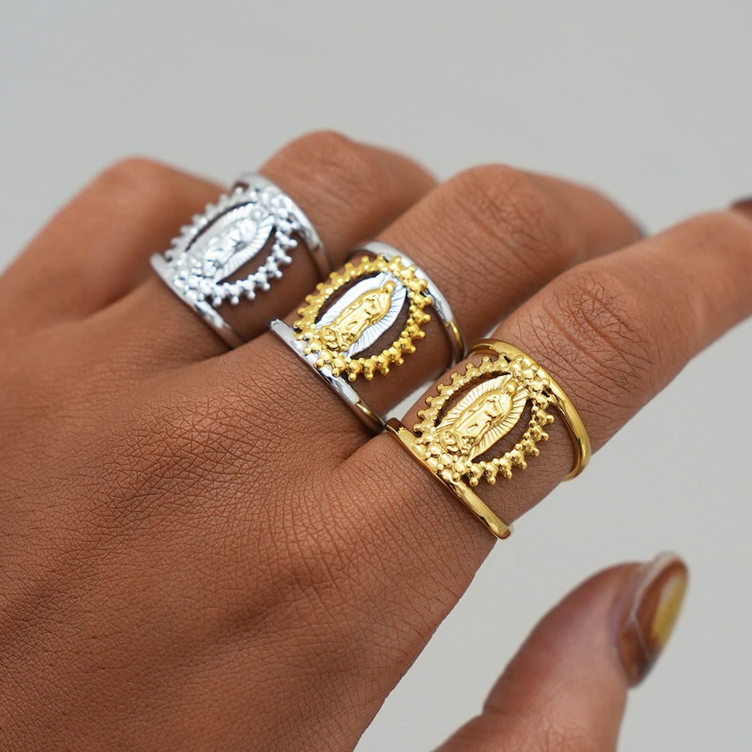 Christianartworkshop Tri-Color Hollow Frame Our Lady Band Ring: A Symbol of Divine Light & Devotion - image 0