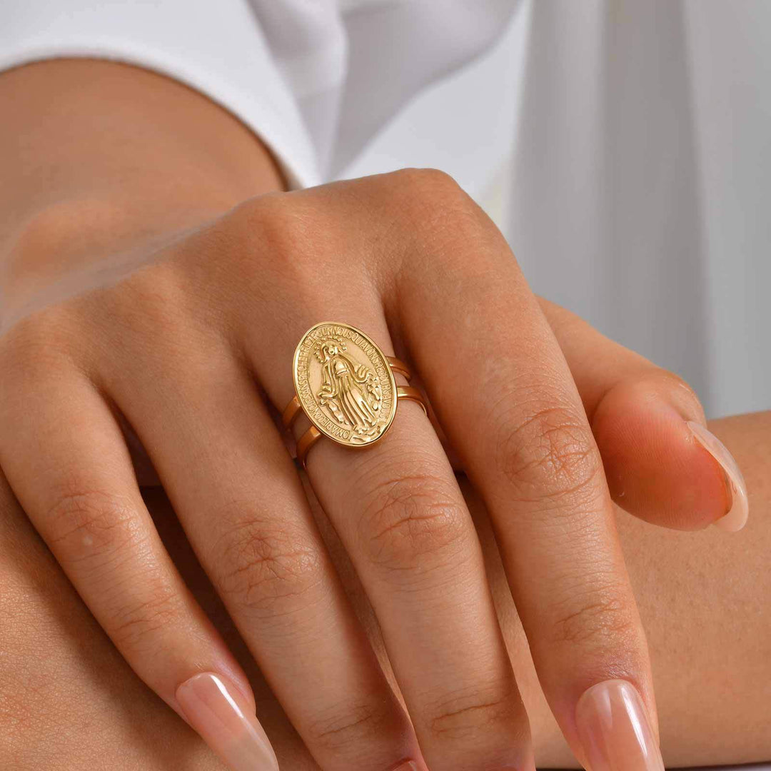 Christianartworkshop Our Lady Miraculous Medal CZ Halo Open Adjustable Faith Ring - image 3