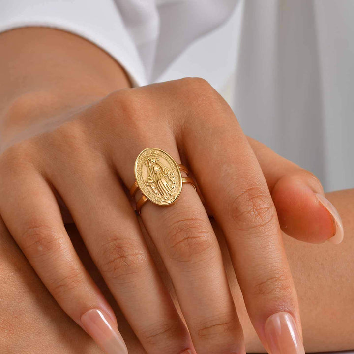 Christianartworkshop Our Lady Miraculous Medal CZ Halo Open Adjustable Faith Ring - image 3