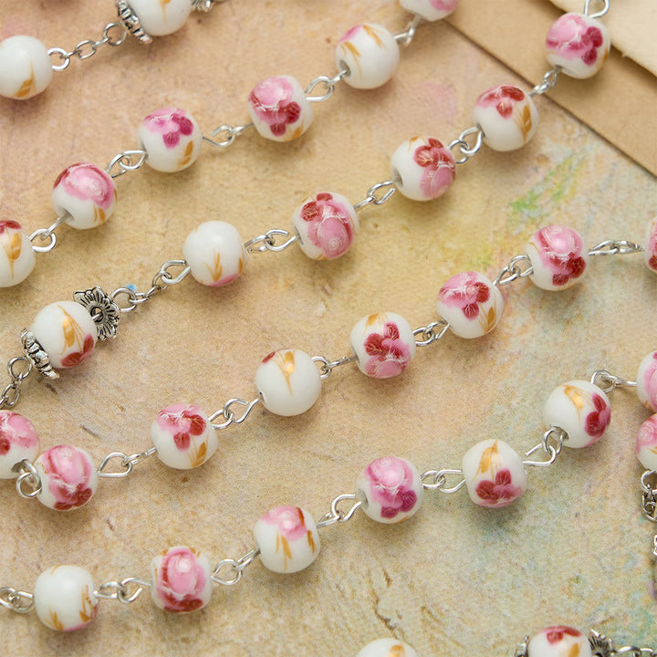 Christianartworkshop Floral Ceramic Bead Rosary with Enamel Our Lady Medal & Pink Crucifix - image 6