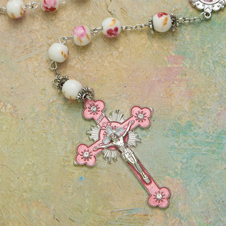 Christianartworkshop Floral Ceramic Bead Rosary with Enamel Our Lady Medal & Pink Crucifix - image 8