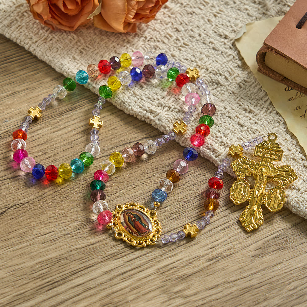 Christianartworkshop Multi-Color Flat Glass Bead Rosary: Emblem of Divine Grace & Diversity - Our Lady & Crucifix - image 0