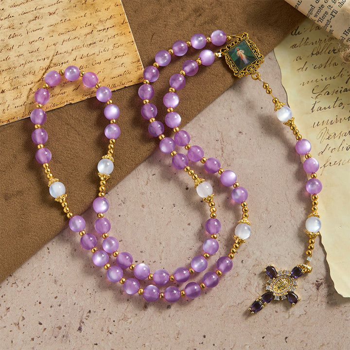 Christianartworkshop Purple Cat’s Eye Bead Rosary with Ornate Crucifix: Emblem of Divine Guidance & Marian Grace - image 3