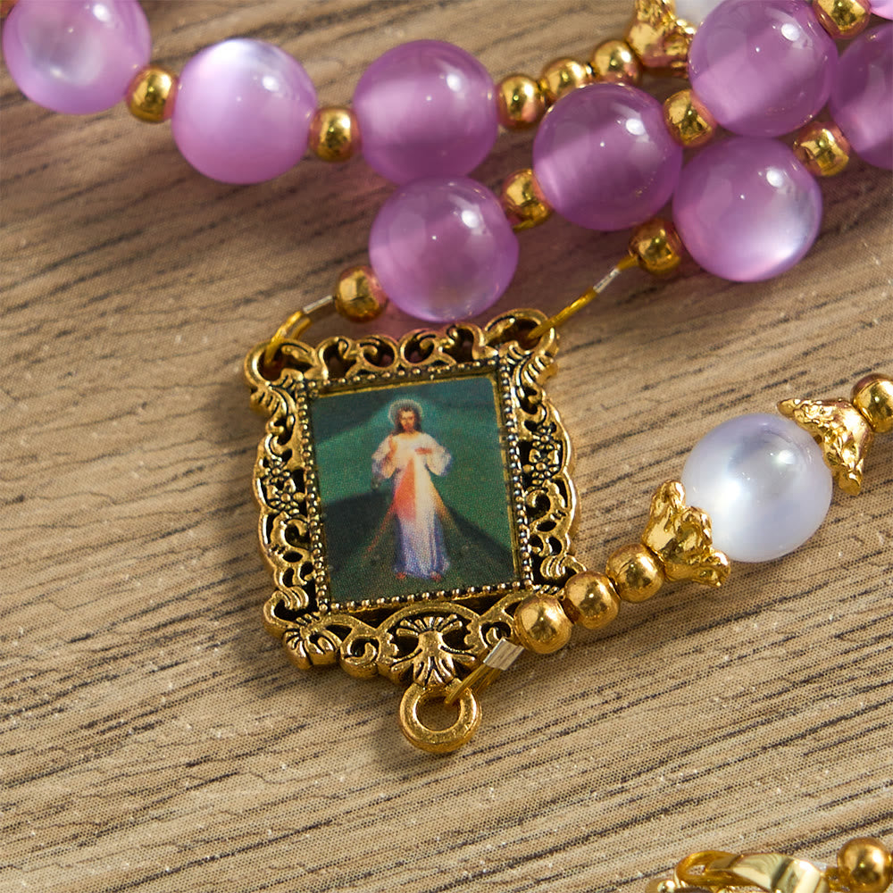 Christianartworkshop Purple Cat’s Eye Bead Rosary with Ornate Crucifix: Emblem of Divine Guidance & Marian Grace - image 7