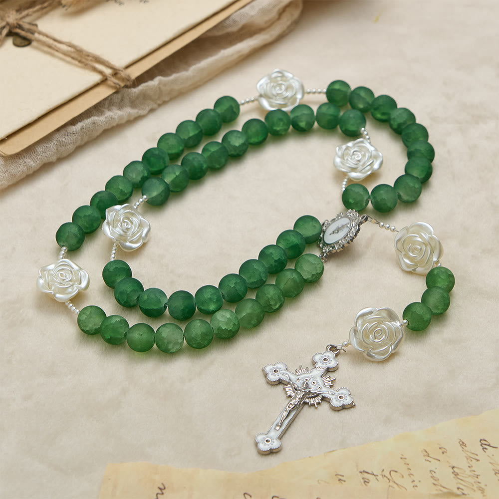 Christianartworkshop Frosted Green Glass Camellia Rosary: Emblem of Divine Purity & Marian Grace - image 4