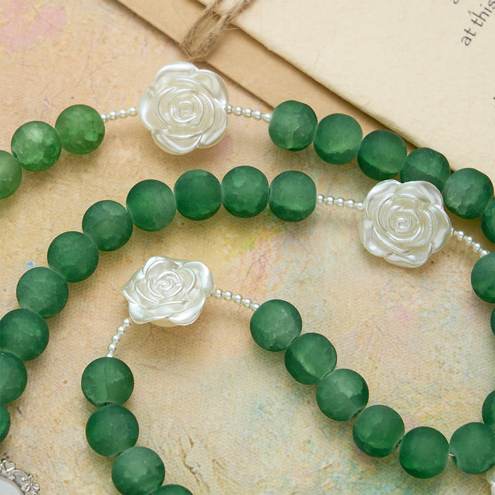 Christianartworkshop Frosted Green Glass Camellia Rosary: Emblem of Divine Purity & Marian Grace - image 6