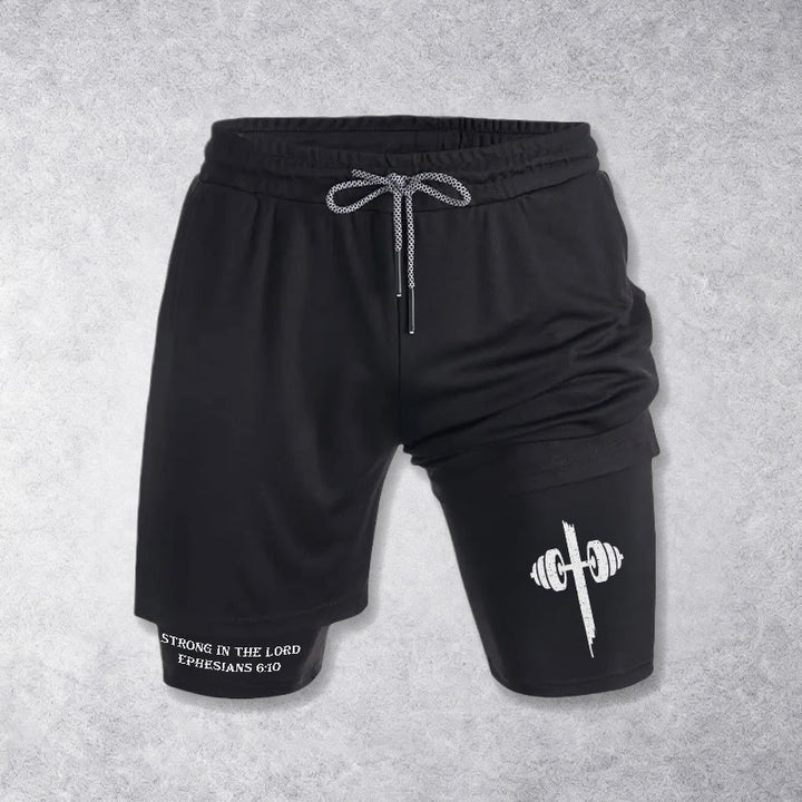 Christianartworkshop Ephesians 6:10 Strong In The Lord Barbell Cross Performance Shorts - Black - 3XL - image 9